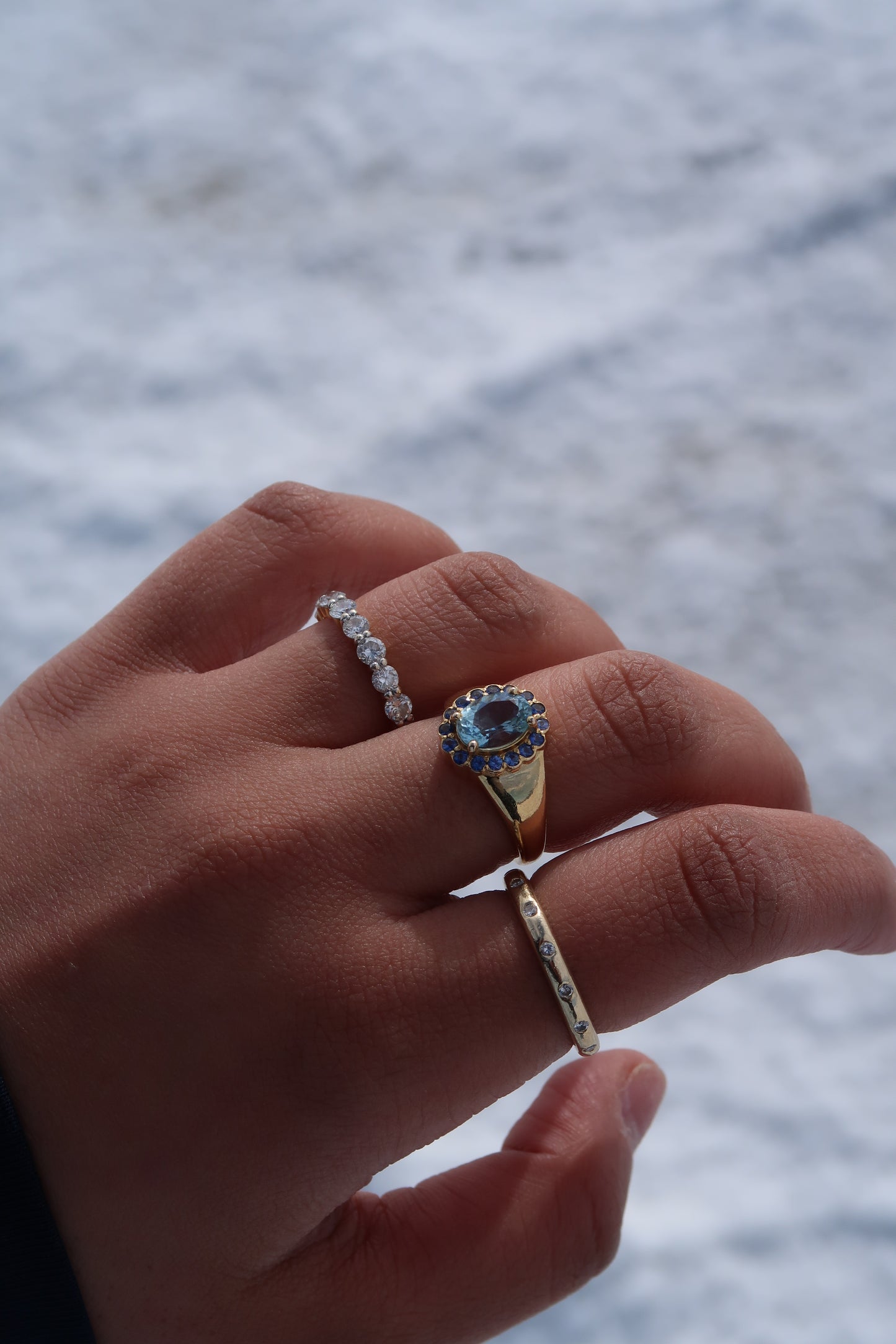 Rosette Ring in Aquamarine and Blue Sapphire