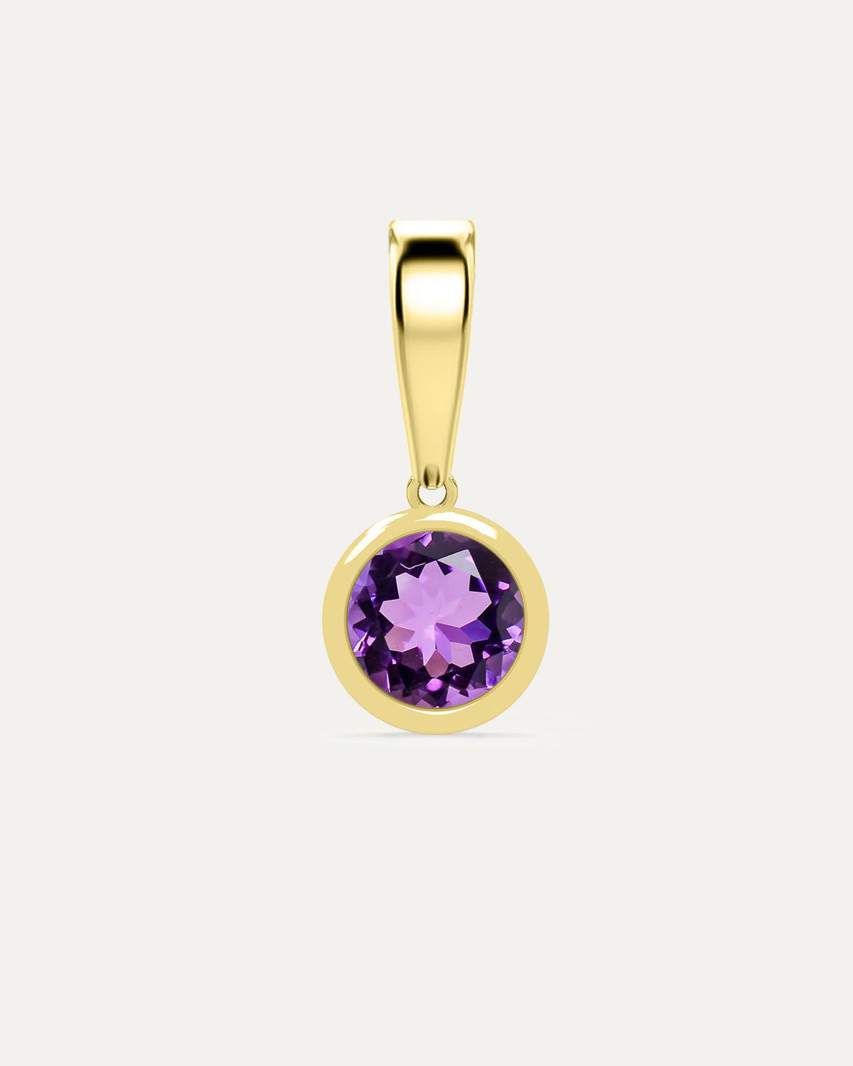 Aurelle Bezel Birthstone Charm in Amethyst — purple amethyst bezel-set in yellow gold with polished bail, studio product shot — Stone Symphony