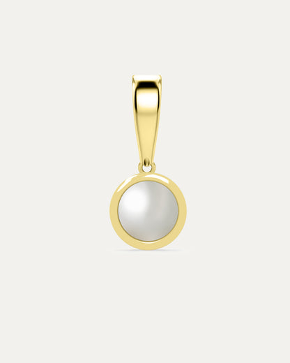 Aurelle Bezel Birthstone Charm in Pearl — lustrous pearl bezel-set in yellow gold with polished bail, studio product shot — Stone Symphony