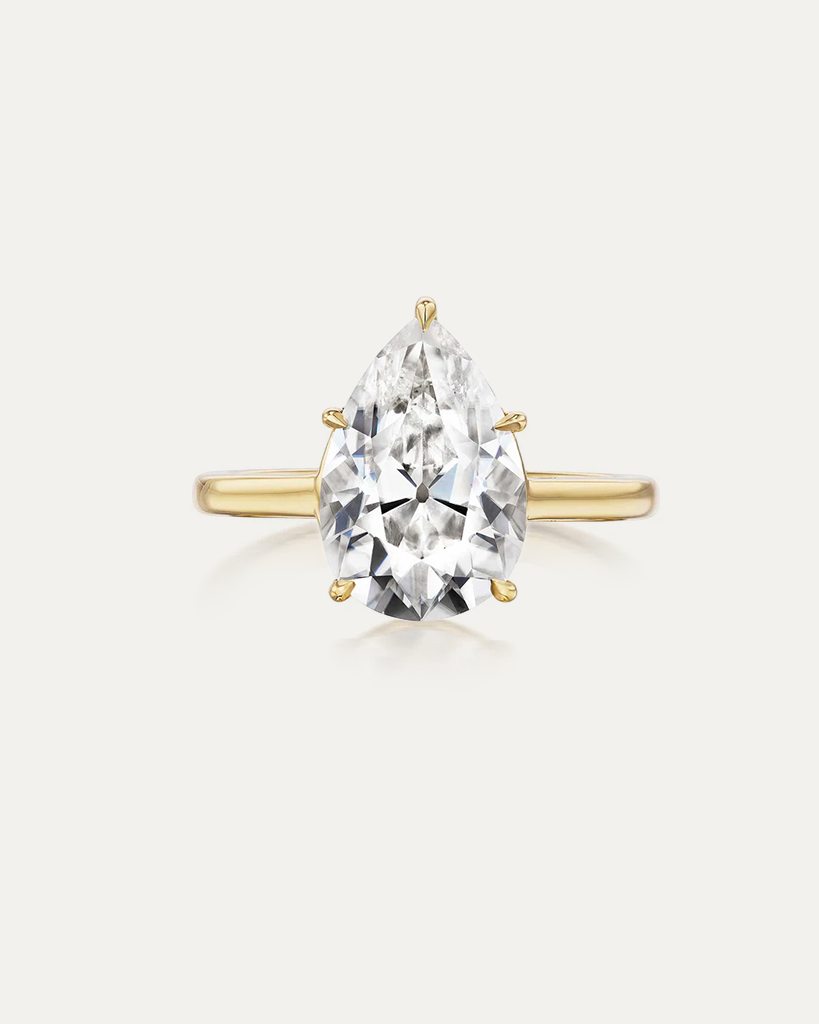 Pear Diamond Solitaire Ring — large pear-cut diamond in yellow gold multi-prong setting, studio product shot — Stone Symphony