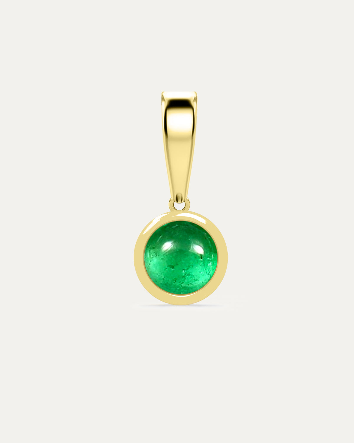 Aurelle Bezel Birthstone Charm in Emerald — vivid green emerald bezel-set in yellow gold with polished bail, studio product shot — Stone Symphony