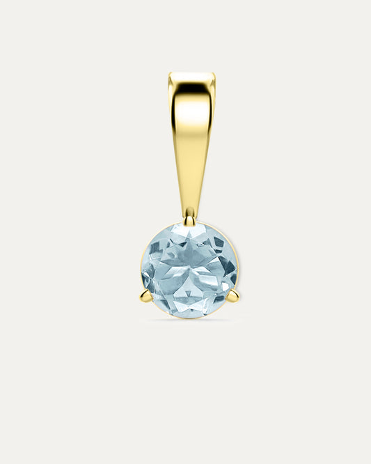 Aquamarine Birthstone Pendant — round sky blue aquamarine in yellow gold bezel pendant with bail, studio product shot — Stone Symphony
