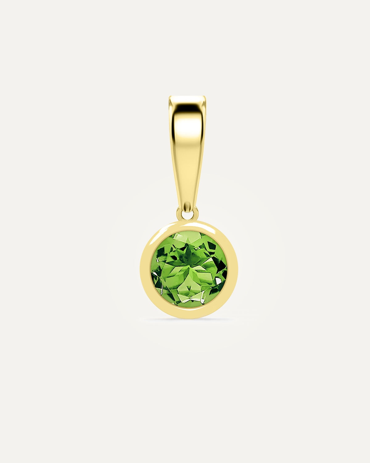 Aurelle Bezel Birthstone Charm in Peridot — lime green peridot bezel-set in yellow gold with polished bail, studio product shot — Stone Symphony