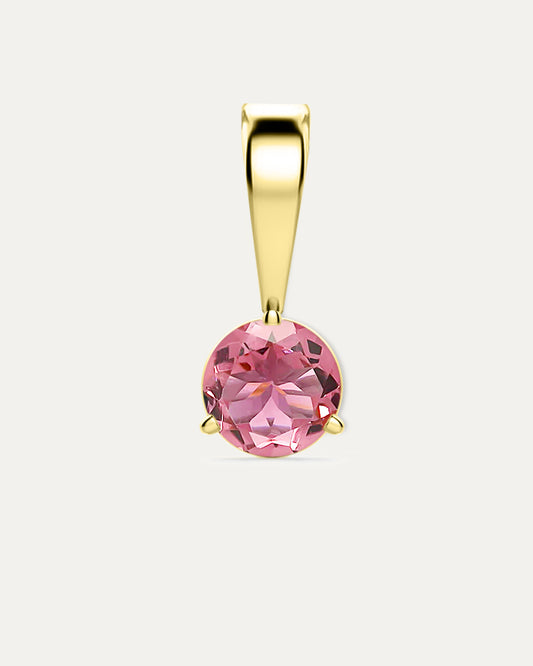 Pink Tourmaline Birthstone Pendant — round soft pink tourmaline in yellow gold bezel pendant with bail, studio product shot — Stone Symphony