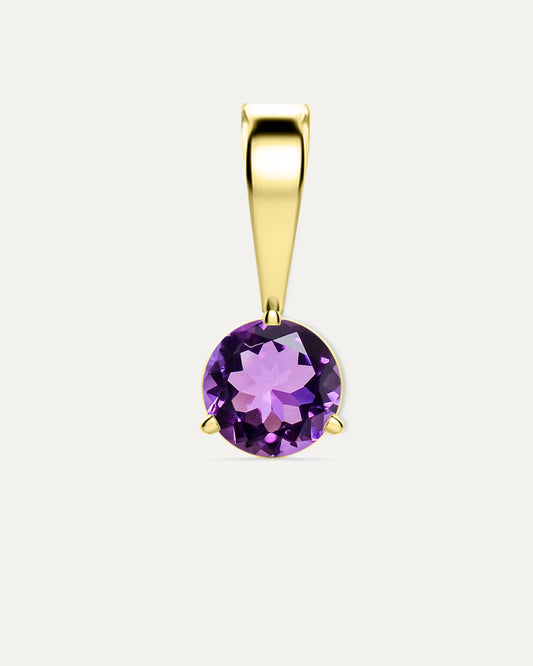Amethyst Birthstone Pendant — round purple amethyst in yellow gold bezel pendant with bail, studio product shot — Stone Symphony