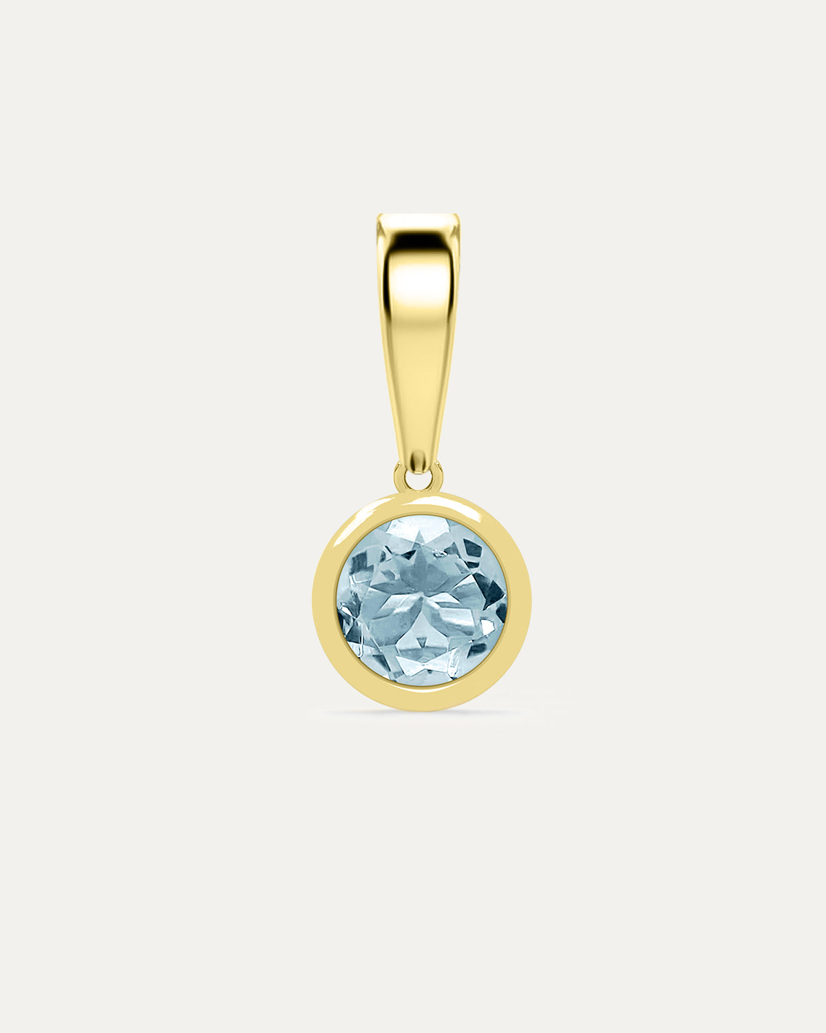 Aurelle Bezel Birthstone Charm in Aquamarine — sky blue aquamarine bezel-set in yellow gold with polished bail, studio product shot — Stone Symphony