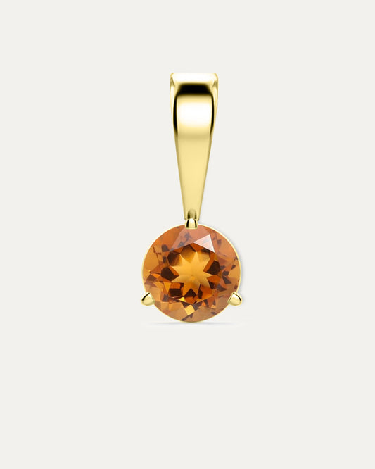 Citrine Birthstone Pendant — round golden citrine in yellow gold bezel pendant with bail, studio product shot — Stone Symphony