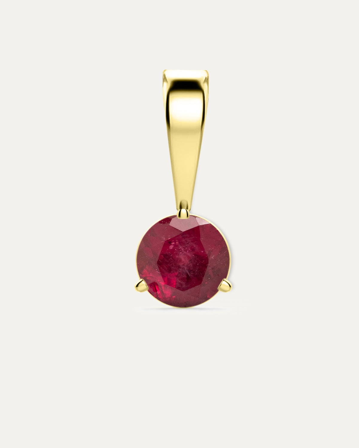 Ruby Birthstone Pendant — round deep red ruby in yellow gold bezel pendant with bail, studio product shot — Stone Symphony