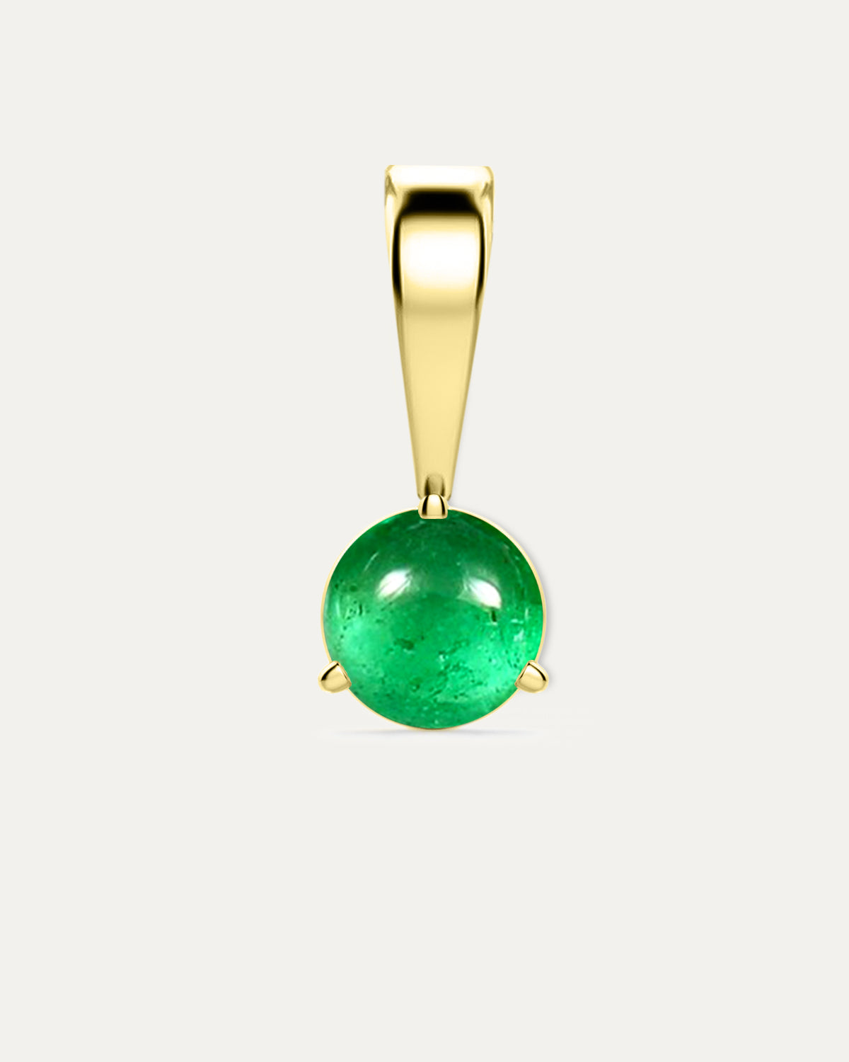 Emerald Cabochon Birthstone Pendant — smooth green emerald cabochon in yellow gold bezel pendant with bail, studio product shot — Stone Symphony