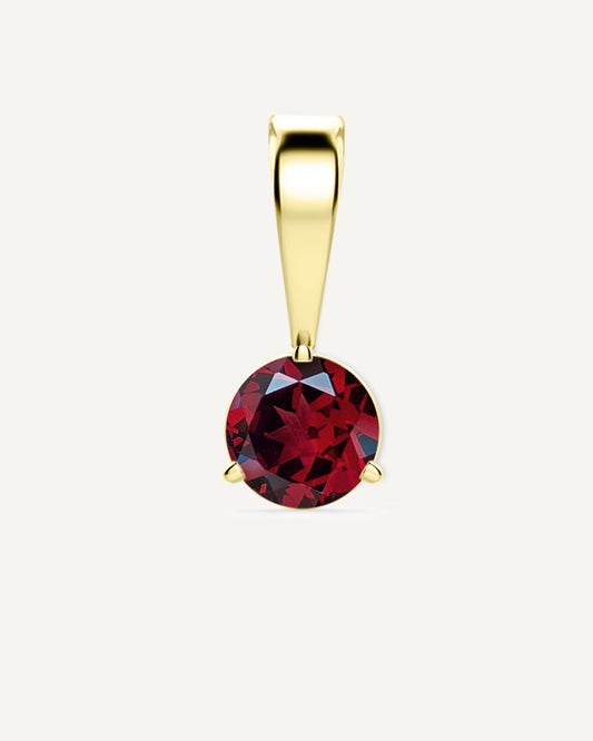 Garnet Birthstone Pendant — round deep red garnet in yellow gold bezel pendant with bail, studio product shot — Stone Symphony