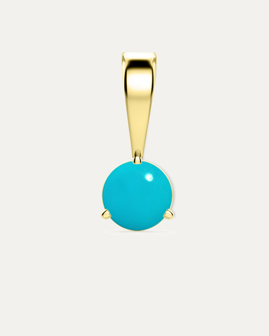 Turquoise Birthstone Pendant — round sky blue turquoise in yellow gold bezel pendant with bail, studio product shot — Stone Symphony