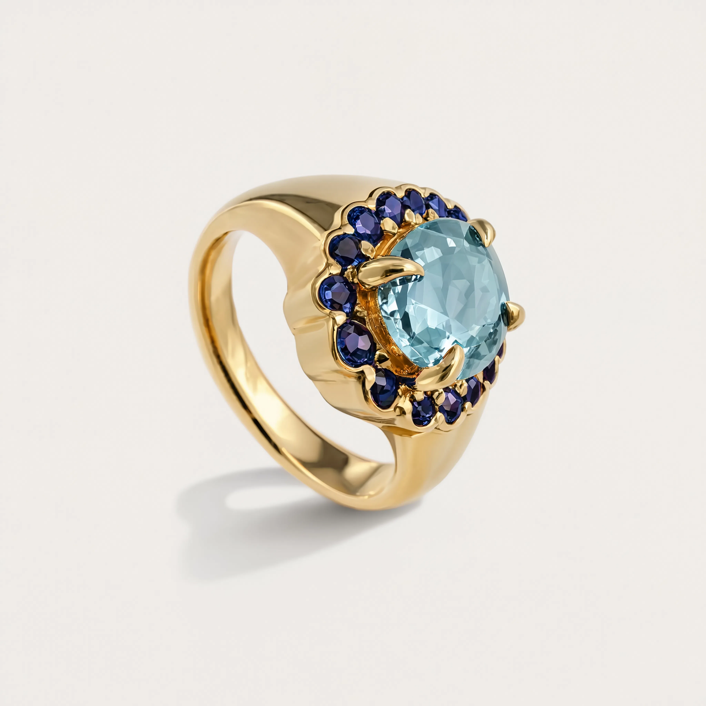 Rosette Ring in Aquamarine and Blue Sapphire