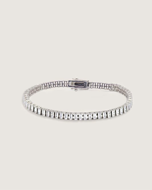 Aura Vertical Baguette Tennis Bracelet — vertical baguette-cut stones in sterling silver, product shot — Stone Symphony