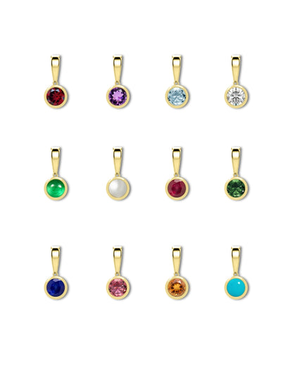 Aurelle Bezel Birthstone Charms complete collection — all 12 birthstones in yellow gold bezel settings — Stone Symphony