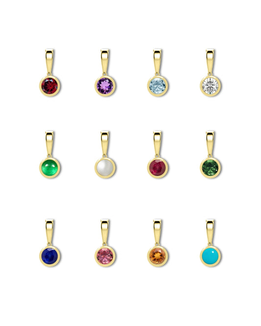 Aurelle Bezel Birthstone Charms complete collection — all 12 birthstones in yellow gold bezel settings — Stone Symphony