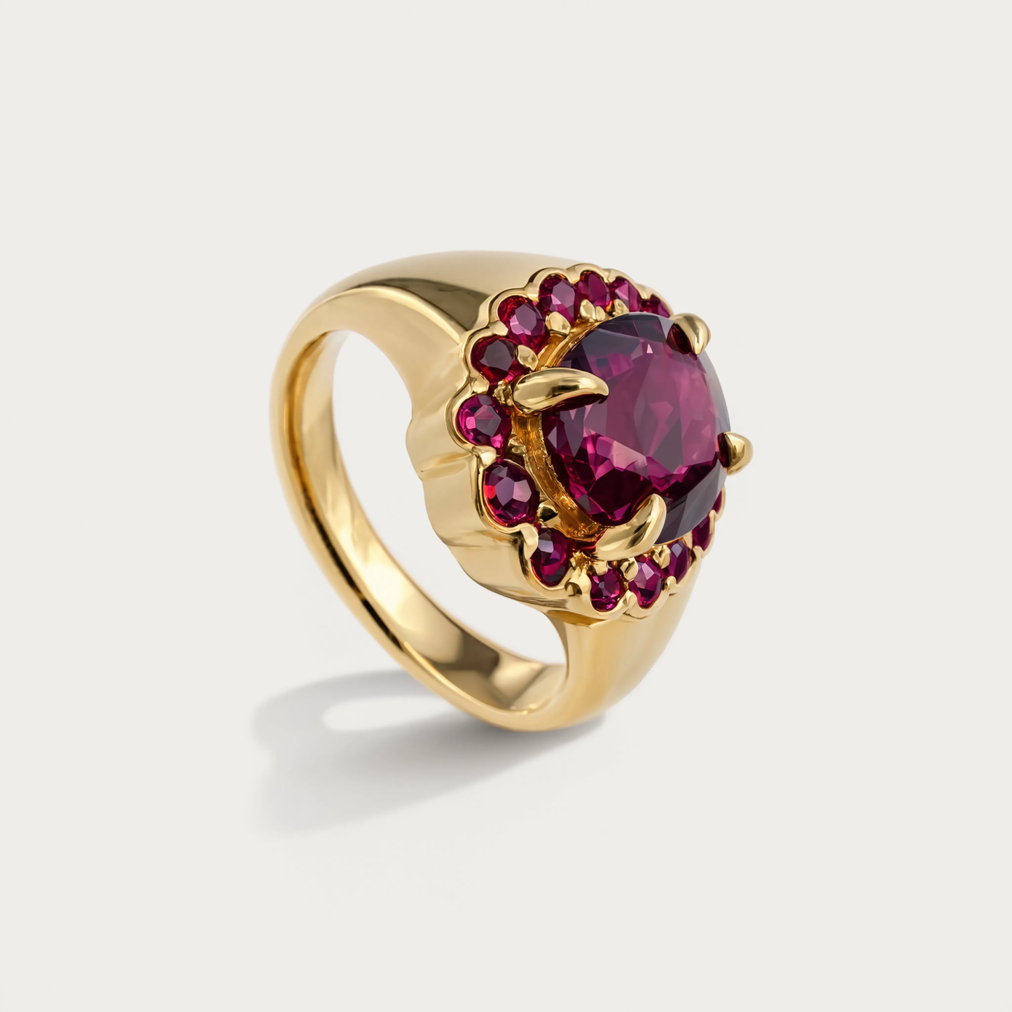 Rosette Ring in Rhodolite Garnet and Ruby