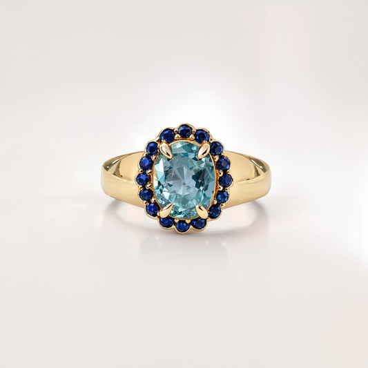 Rosette Ring in Aquamarine and Blue Sapphire