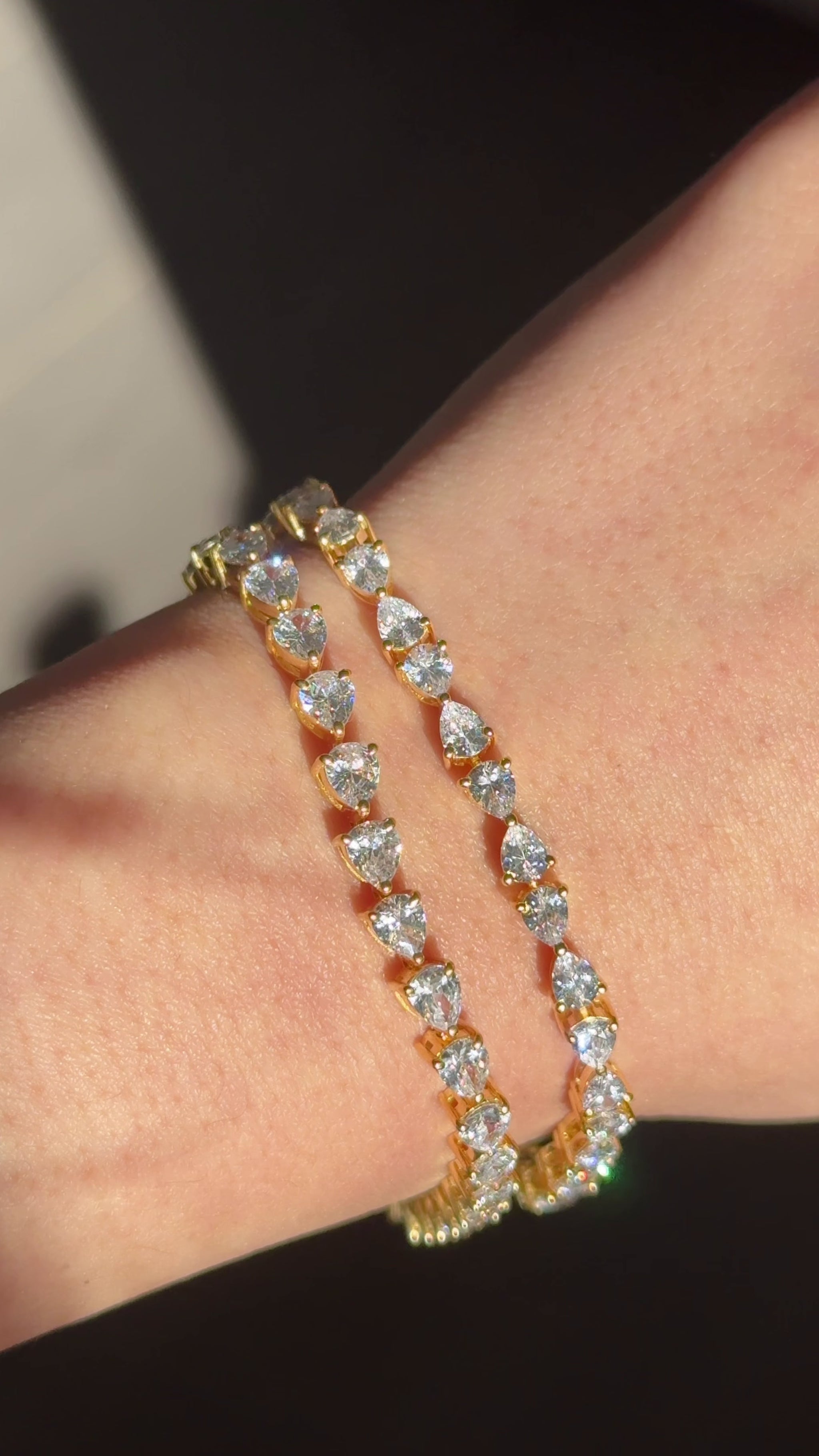 Dewdrop Inverted Pear Tennis Bracelet Gold Vermeil lifestyle — styled on wrist — Stone Symphony